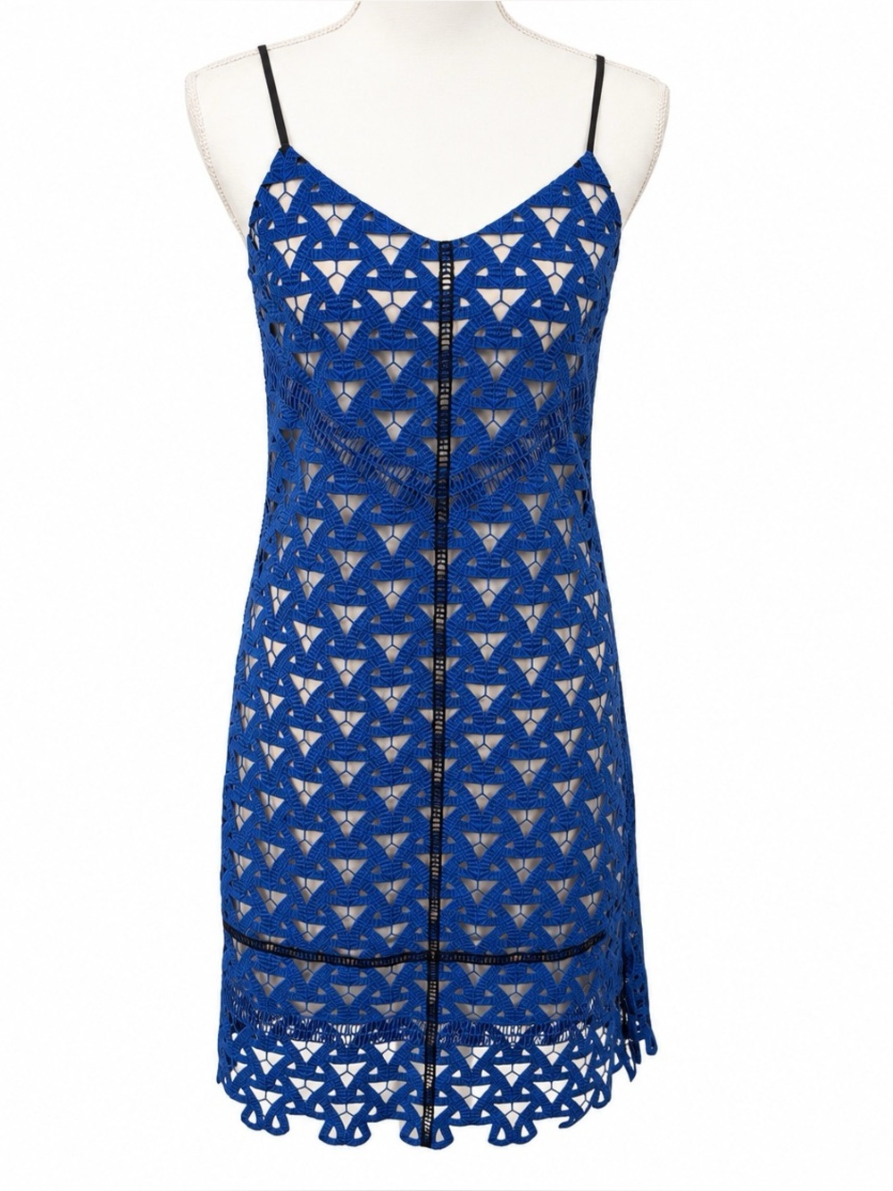 MSGM Luxury Italian Designer Cobalt Blue Lace Sheath Dress Size 40 US 4 V-neck
